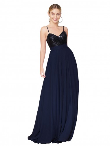 Affordable Sleeveless Spaghetti Straps Soft Chiffon & Sequin Dark Navy Long Prom Dress Canada