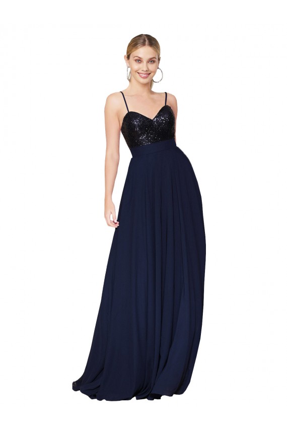 Affordable Sleeveless Spaghetti Straps Soft Chiffon & Sequin Dark Navy Long Prom Dress Canada