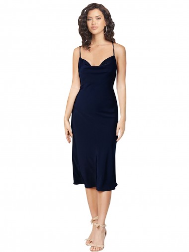 Affordable Sleeveless Cowl Neck Silky Satin Dark Navy Midi Length Prom Dress Canada