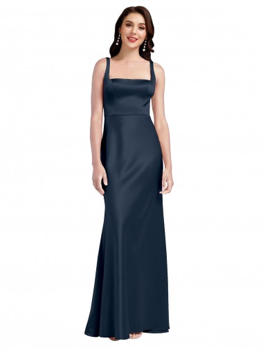 Affordable Sleeveless Square Neck Stretch Satin Dark Navy Long Prom Dress Canada