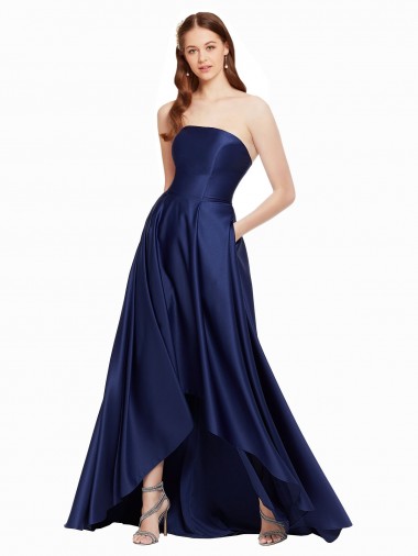 Affordable Sleeveless Strapless Satin Dark Navy Long High Low Prom Dress Canada