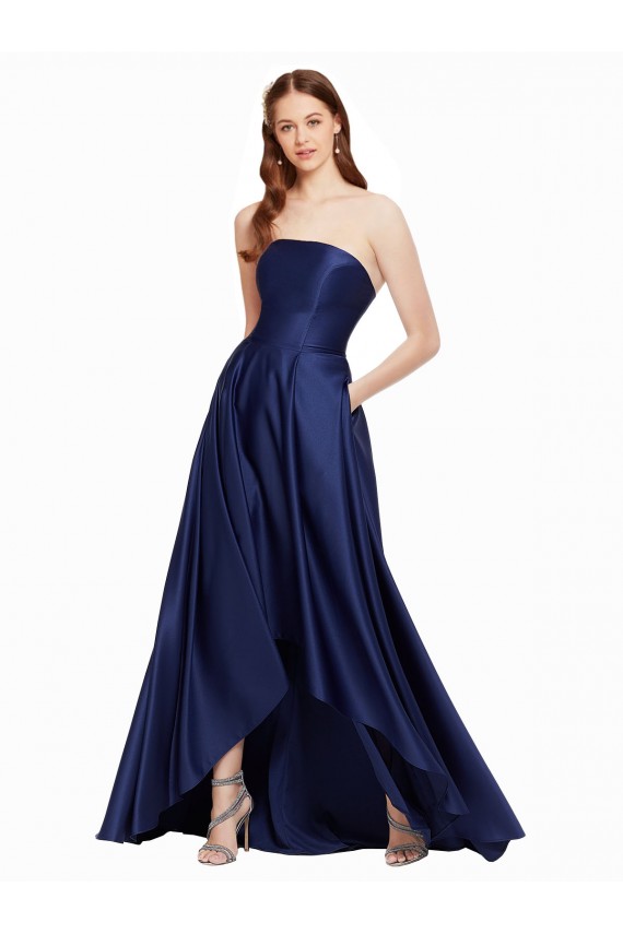 Affordable Sleeveless Strapless Satin Dark Navy Long High Low Prom Dress Canada