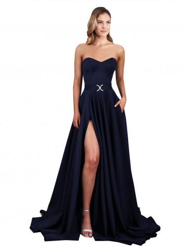 Affordable Sleeveless Sweetheart Stretch Crepe Dark Navy Long Low Back Prom Dress Canada
