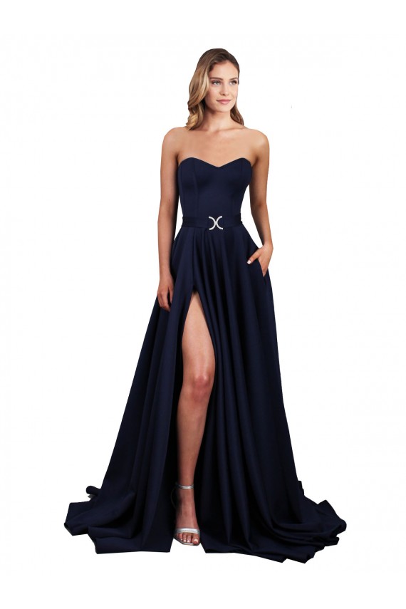 Affordable Sleeveless Sweetheart Stretch Crepe Dark Navy Long Low Back Prom Dress Canada