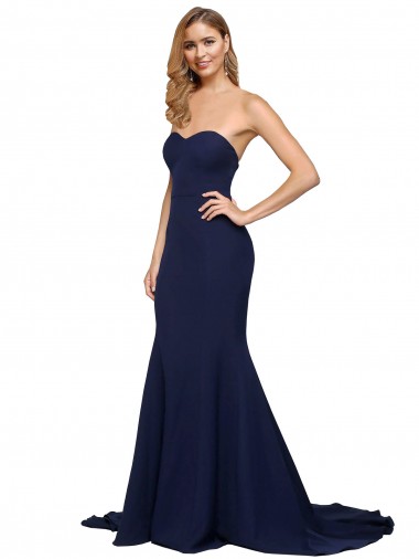 Affordable Sleeveless Sweetheart Stretch Crepe Dark Navy Sweep Train Prom Dress Canada
