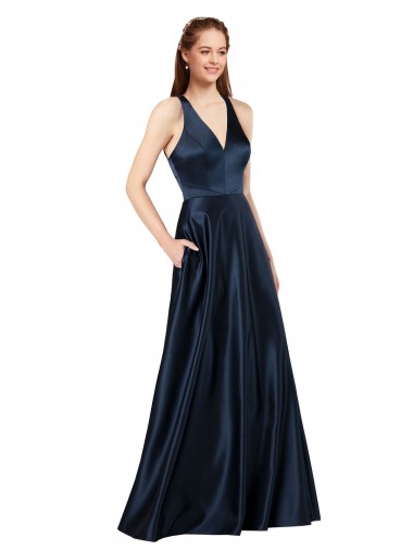 Affordable Sleeveless V-Neck Satin Dark Navy Long Prom Dress Canada