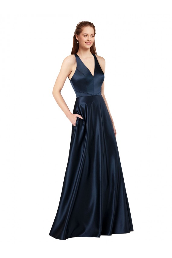 Affordable Sleeveless V-Neck Satin Dark Navy Long Prom Dress Canada