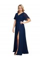 Affordable Short Flutter Sleeves V-Neck Soft Chiffon Dark Navy Long Plus Size Formal Prom Dress Canada