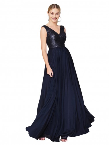 Affordable Sleeveless High Neck Soft Chiffon & Sequin Dark Navy Long Prom Dress Canada