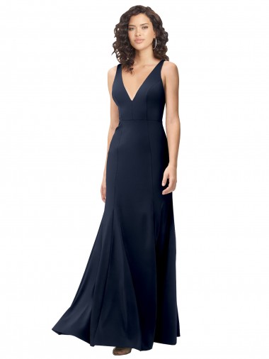 Affordable Sleeveless High Neck Stretch Crepe Dark Navy A-Line Long Prom Dress Canada