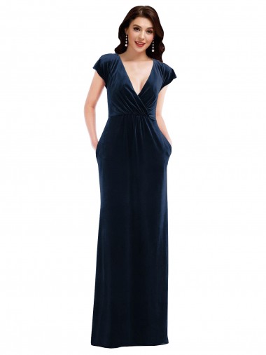 Affordable Flutter Sleeves V-Neck Stretch Velvet Dark Navy Long Prom Dress Canada