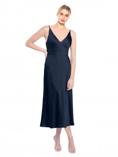 Affordable Sleeveless V-Neck Stretch Satin Dark Navy Midi Length Prom Dress Canada