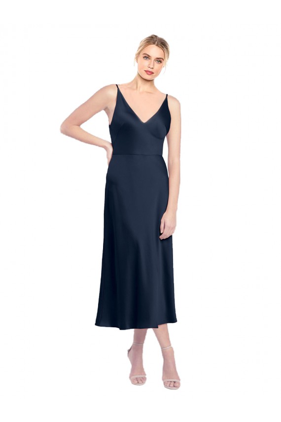 Affordable Sleeveless V-Neck Stretch Satin Dark Navy Midi Length Prom Dress Canada