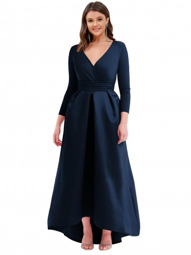 Affordable Long Sleeves V-Neck Spandex Dark Navy Long High Low Plus Size Prom Dress Canada