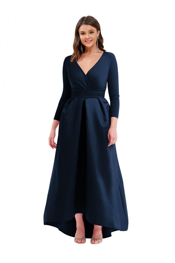 Affordable Long Sleeves V-Neck Spandex Dark Navy Long High Low Plus Size Prom Dress Canada