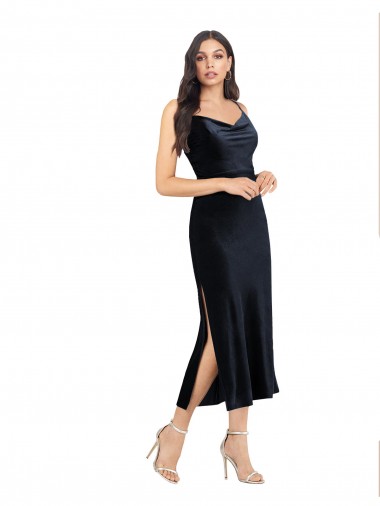 Affordable Sleeveless Cowl Neck Stretch Velvet Dark Navy Midi Length Prom Dress Canada