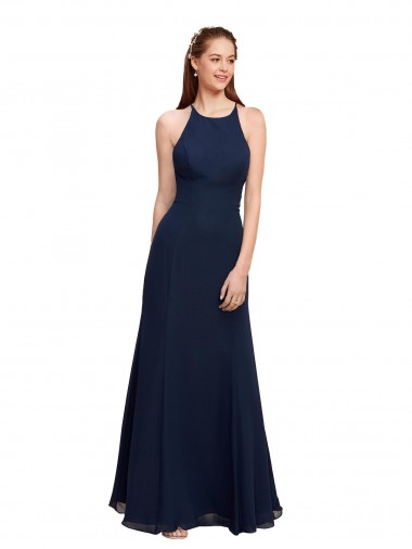 Affordable Sleeveless High Neck Soft Chiffon Dark Navy Long Prom Dress Canada