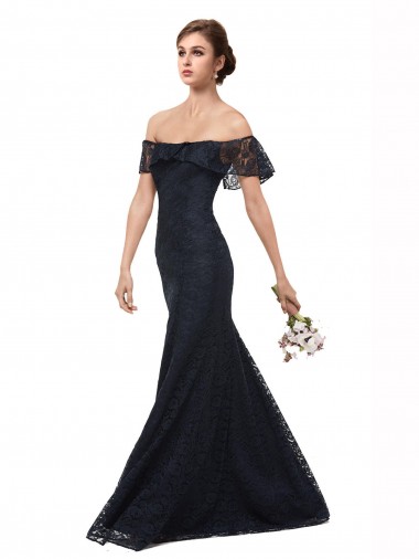 Affordable Flutter Sleeves Off the Shoulder Lace Dark Navy Long Prom Dress Canada