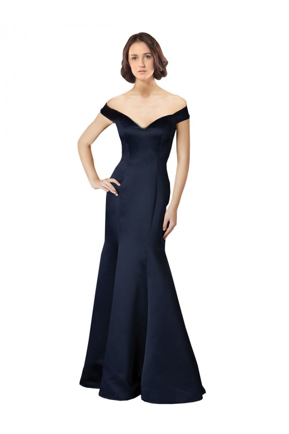 Affordable Cap Sleeves V-Neck Satin Dark Navy Long Prom Dress Canada
