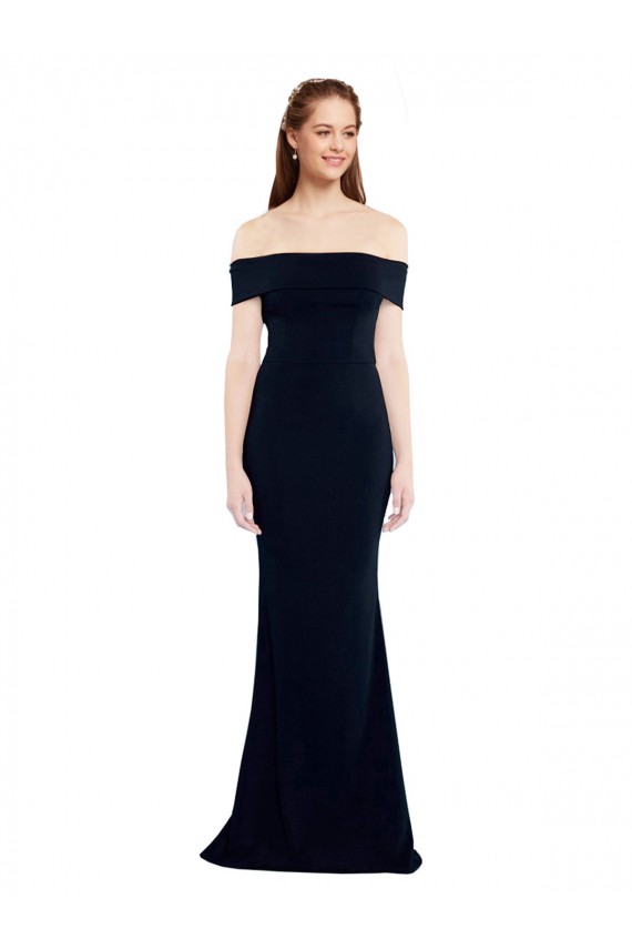 Affordable Sleeveless Off the Shoulder Stretch Crepe Dark Navy Long Keyhole Back Prom Dress Canada