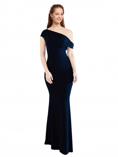 Affordable Sleeveless One Shoulder Stretch Crepe Dark Navy Long Prom Dress Canada