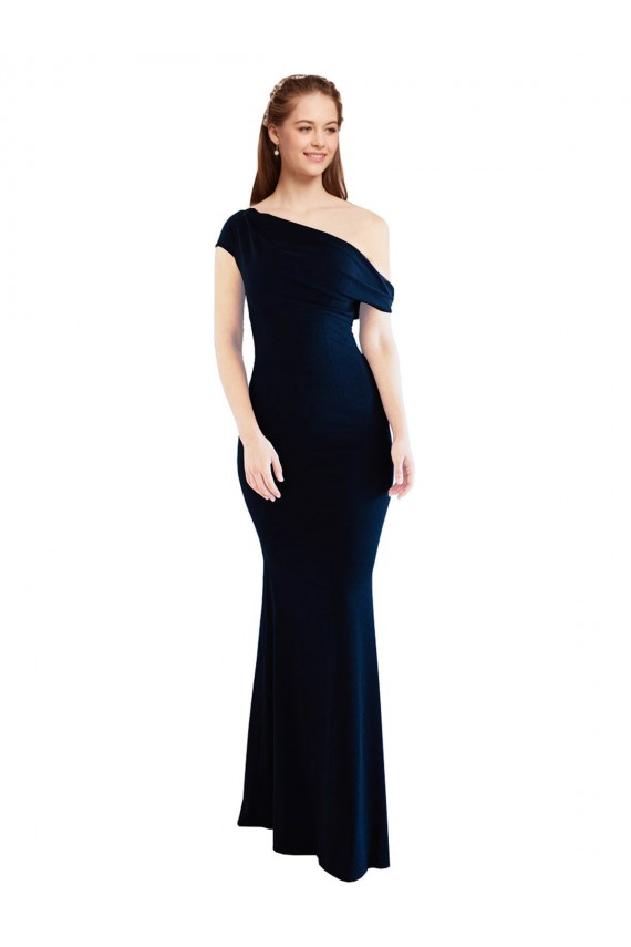 Affordable Sleeveless One Shoulder Stretch Crepe Dark Navy Long Prom Dress Canada