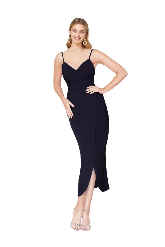 Affordable Sleeveless High Neck Stretch Crepe Dark Navy Knee Length Prom Dress Canada
