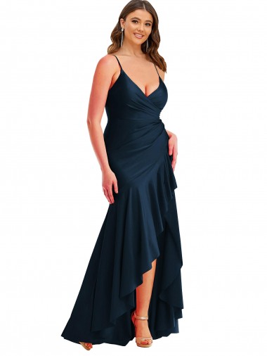 Affordable Sleeveless Spaghetti Straps Silky Satin Dark Navy Long High Low Plus Size Prom Dress Canada