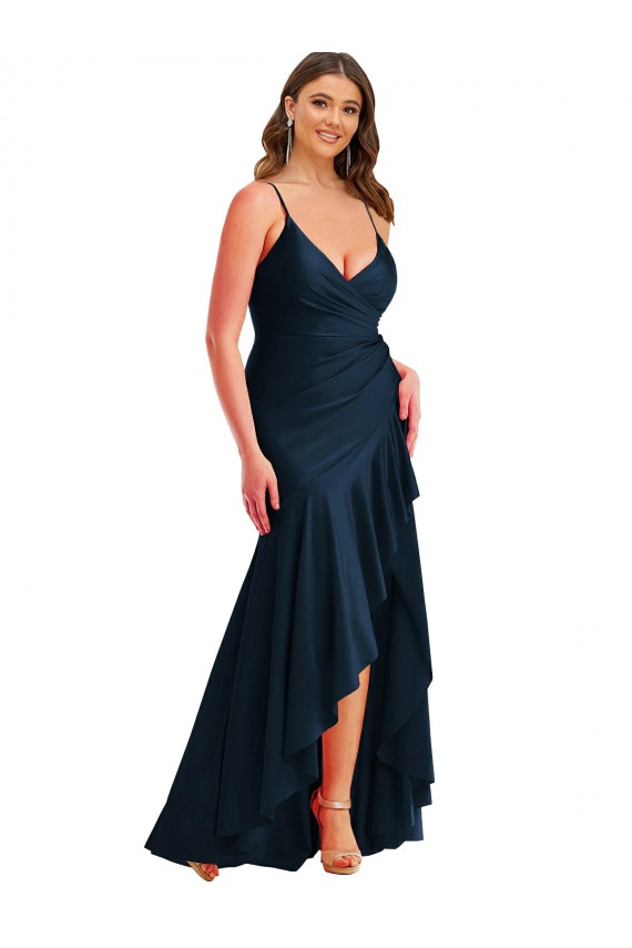 Affordable Sleeveless Spaghetti Straps Silky Satin Dark Navy Long High Low Plus Size Prom Dress Canada