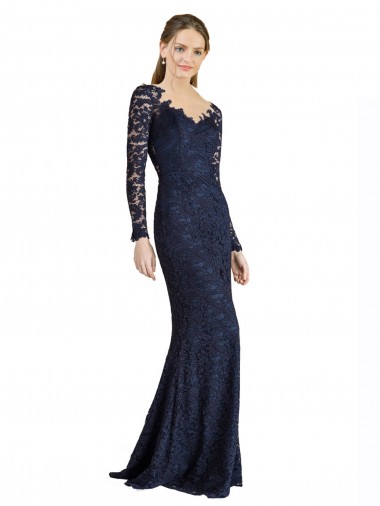 Affordable Long Sleeves Sweetheart Lace Dark Navy Long Prom Dress Canada