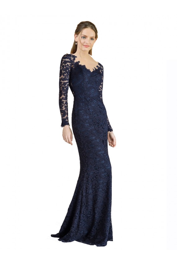 Affordable Long Sleeves Sweetheart Lace Dark Navy Long Prom Dress Canada
