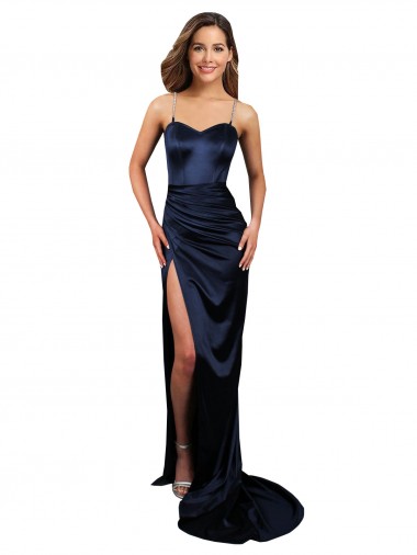Affordable Sleeveless Sweetheart Stretch Satin Dark Navy Long Prom Dress Canada