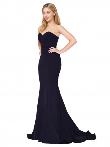 Affordable Sleeveless High Neck Stretch Crepe Dark Navy Sweep Train Prom Dress Canada