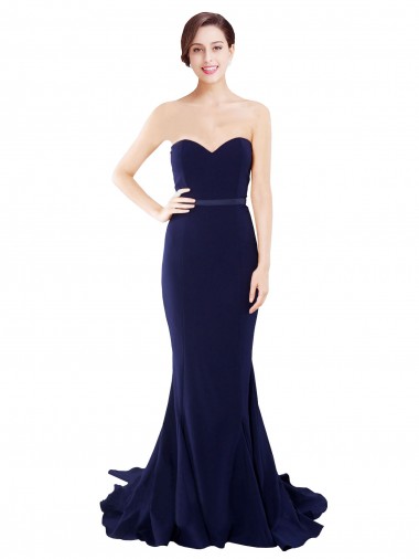 Affordable Sleeveless Strapless Stretch Crepe Dark Navy Mermaid Sweep Train Prom Dress Canada