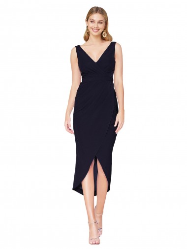 Affordable Sleeveless High Neck Stretch Crepe Dark Navy Knee Length High Low Prom Dress Canada