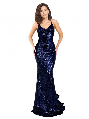 Affordable Sleeveless V-Neck Sequin Dark Navy Long Prom Dress Canada