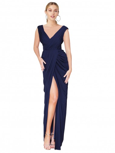 Affordable Sleeveless V-Neck Soft Chiffon Dark Navy Long V-Back Prom Dress Canada