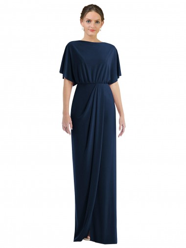 Affordable Short Sleeves Bateau Neck Spandex Dark Navy Long Prom Dress Canada