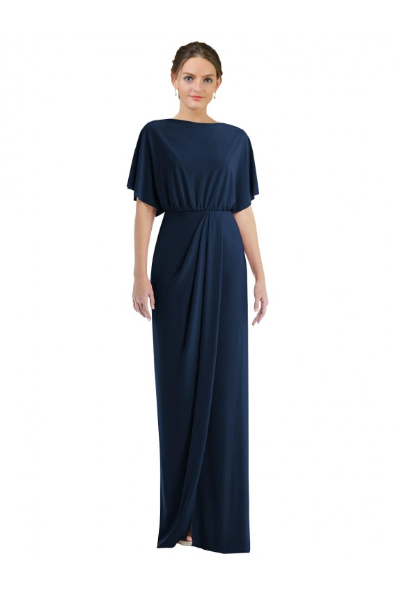 Affordable Short Sleeves Bateau Neck Spandex Dark Navy Long Prom Dress Canada