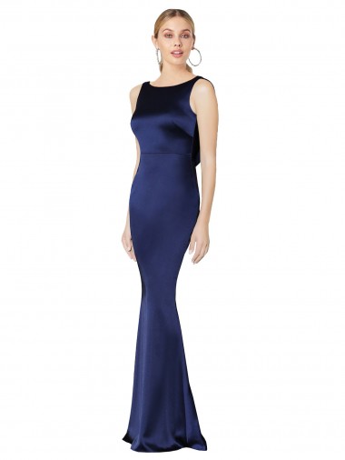 Affordable Sleeveless High Neck Stretch Satin Dark Navy Long Prom Dress Canada