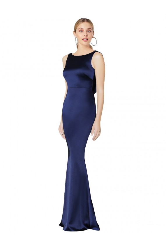 Affordable Sleeveless High Neck Stretch Satin Dark Navy Long Prom Dress Canada