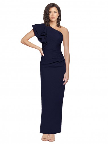 Affordable Sleeveless One Shoulder Stretch Crepe Dark Navy Sheath Long Prom Dress Canada