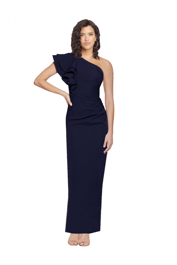 Affordable Sleeveless One Shoulder Stretch Crepe Dark Navy Sheath Long Prom Dress Canada