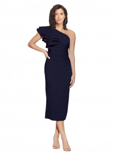 Affordable Sleeveless One Shoulder Stretch Crepe Dark Navy Midi Length Prom Dress Canada