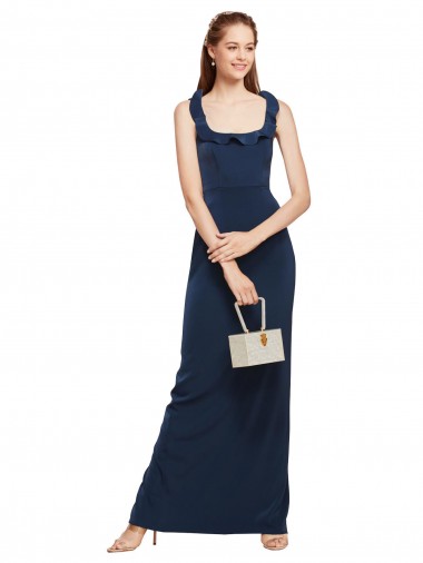 Affordable Sleeveless Scoop Neck Stretch Crepe Dark Navy Long Low Back Prom Dress Canada