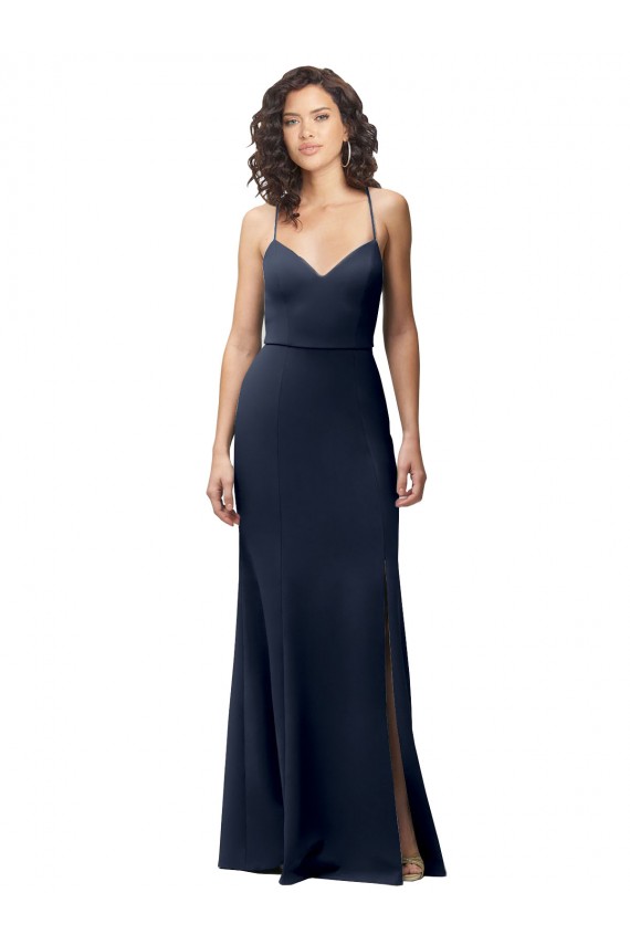 Affordable Sleeveless Spaghetti Straps Stretch Crepe Dark Navy Long Criss Cross Back Prom Dress Canada