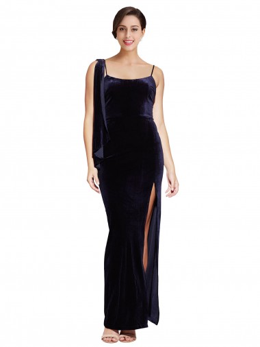 Affordable Sleeveless Square Neck Stretch Velvet Dark Navy Long Prom Dress Canada