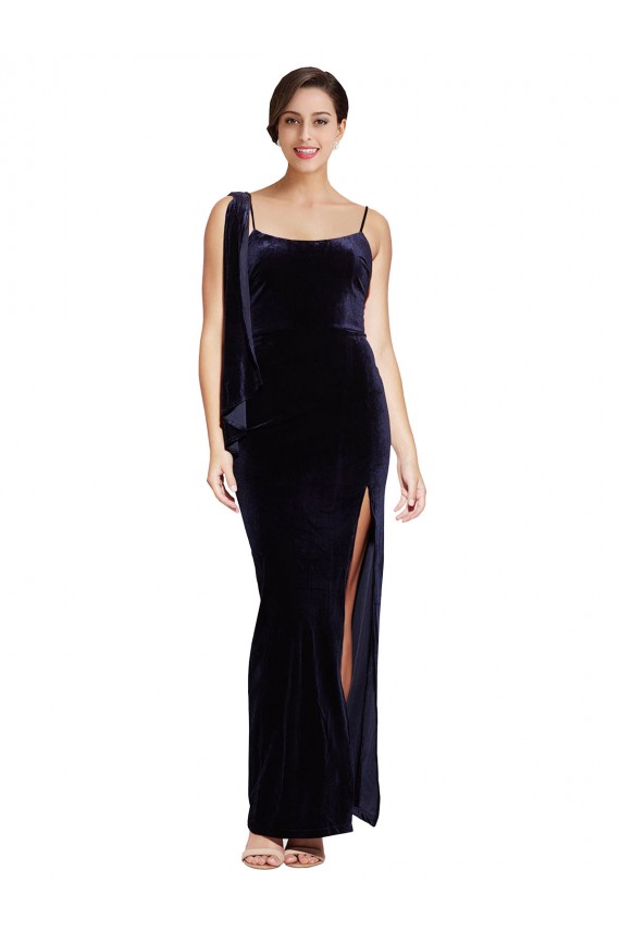Affordable Sleeveless Square Neck Stretch Velvet Dark Navy Long Prom Dress Canada