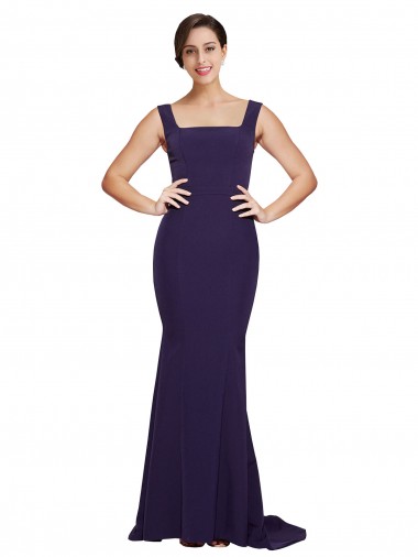 Affordable Sleeveless Square Neck Stretch Crepe Dark Navy Sweep Train Prom Dress Canada