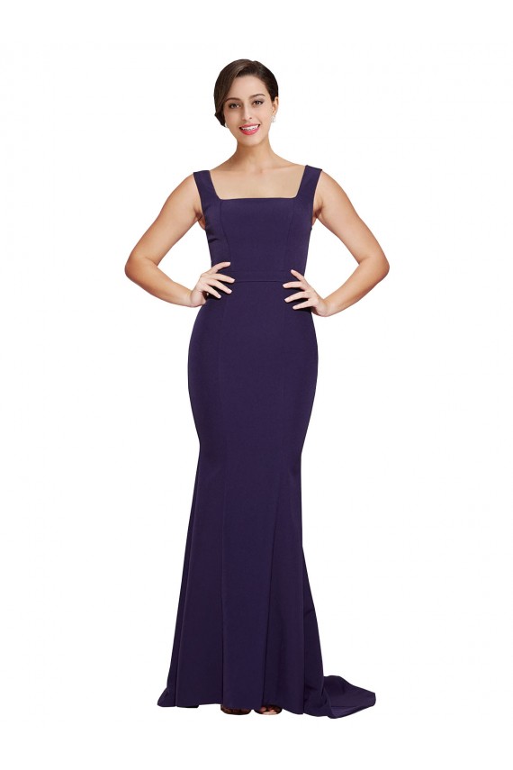 Affordable Sleeveless Square Neck Stretch Crepe Dark Navy Sweep Train Prom Dress Canada